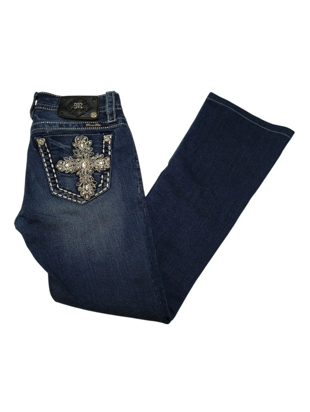 Miss Me Dark Blue Boot Cut Jeans with Rhinestone Cross Pockets Size 26